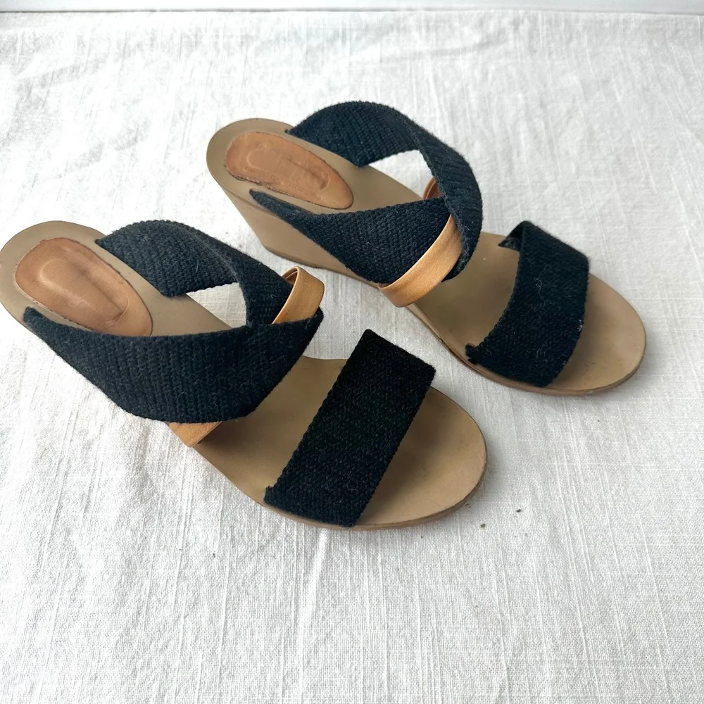 MM6 Maison Margiela Wedge Sandals Black Fabric Strappy Slip‎ On Slides 37